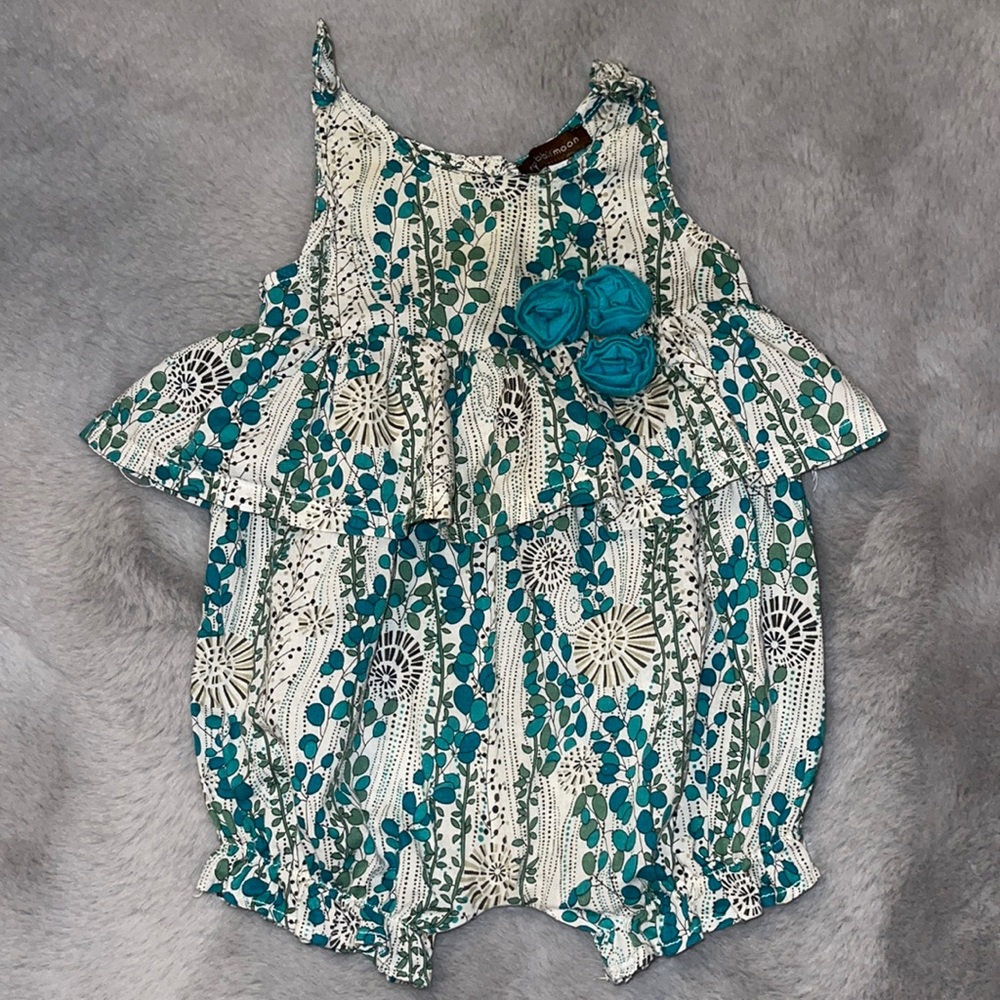 🌈 Boutique Rabbit Moon Baby Romper Sz 3/6M Boho Bubble Sun Suit Summer Floral